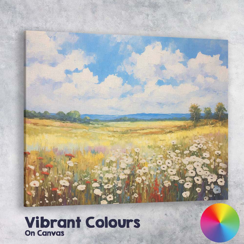Sunny Wildflower Meadow Rolling Hills Impressionist Landscape Canvas Wall Art Print Decor Picture Ready to Hang