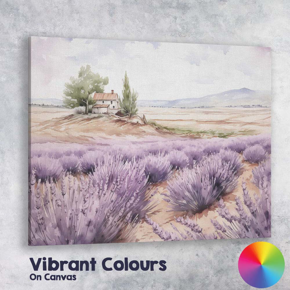 Watercolour Lavender Field Rustic Farmhouse Countryside Canvas Wall Art Print Decor Picture Ready to Hang