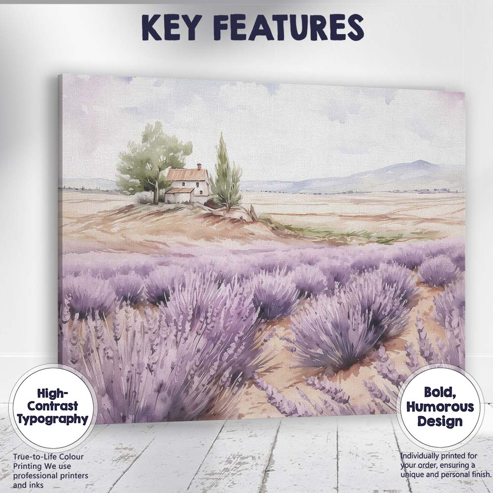 Watercolour Lavender Field Rustic Farmhouse Countryside Canvas Wall Art Print Decor Picture Ready to Hang