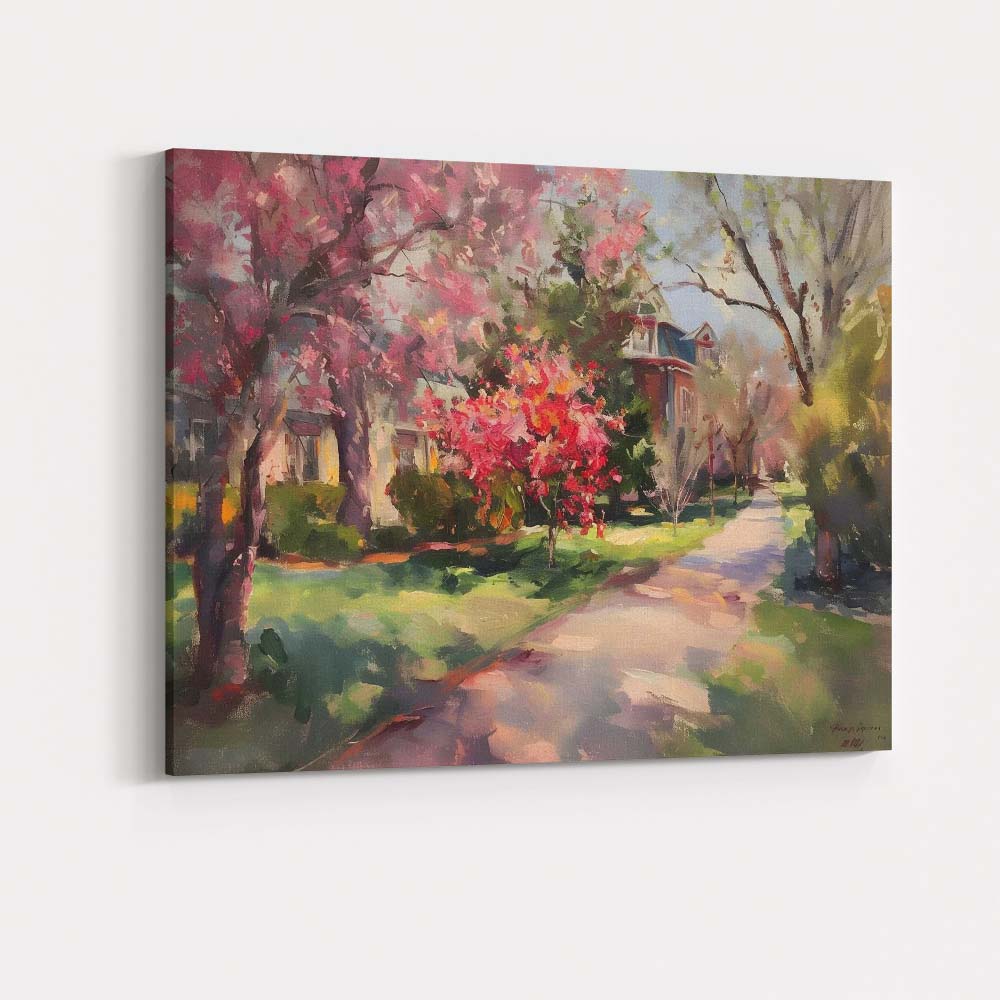 Impressionist Pink Blossom Tree Village Street Spring Garden Canvas Wall Art Print Decor Picture Ready to Hang