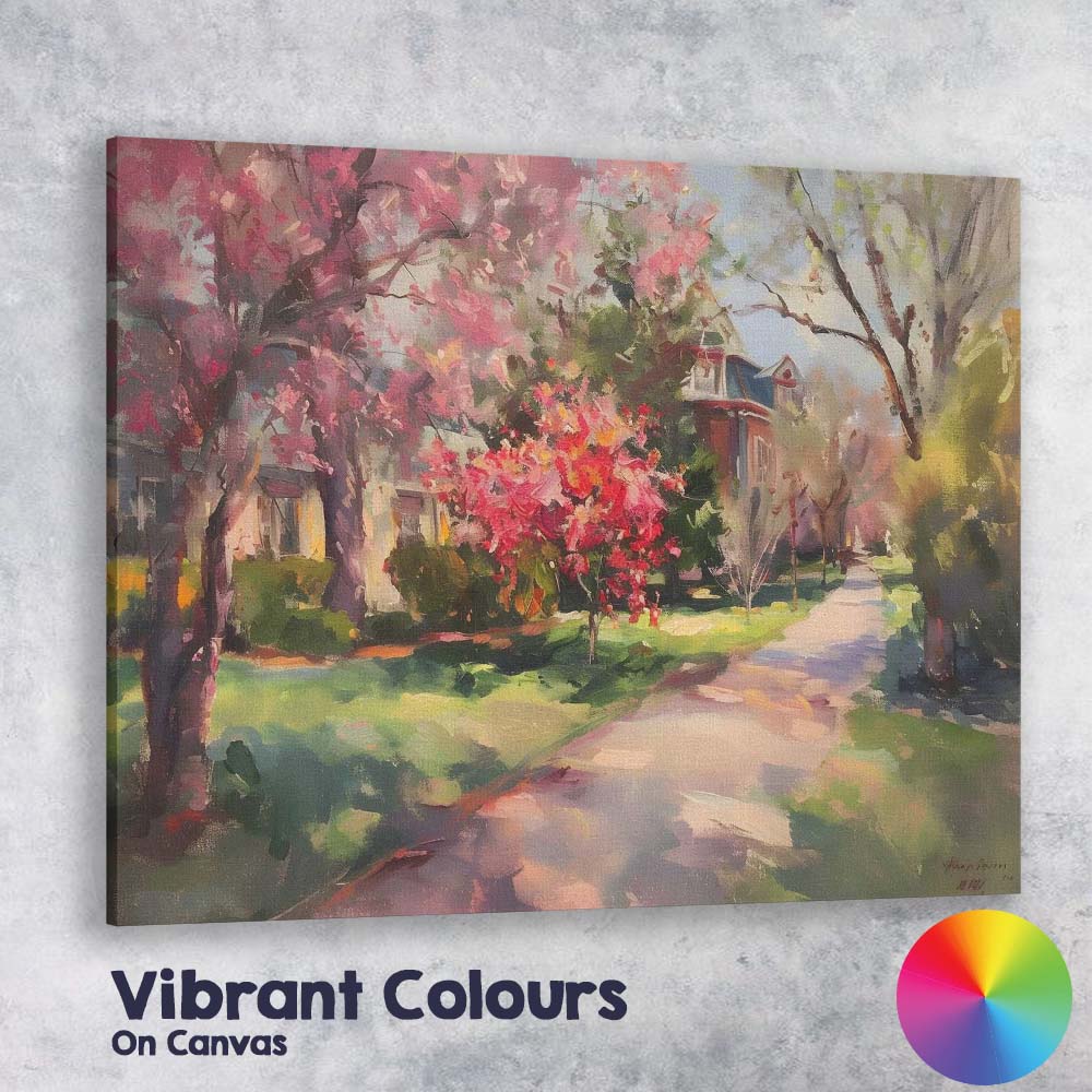 Impressionist Pink Blossom Tree Village Street Spring Garden Canvas Wall Art Print Decor Picture Ready to Hang