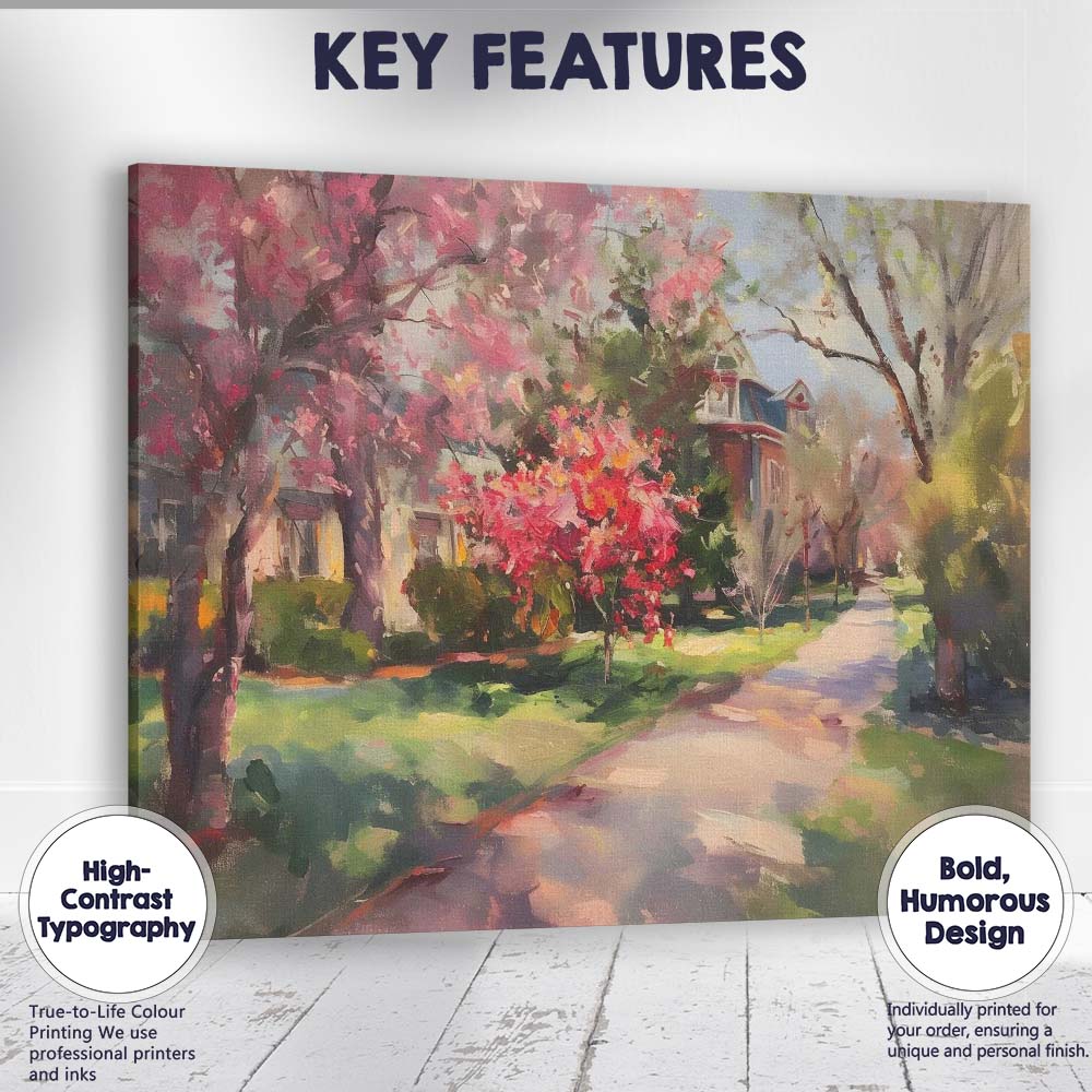Impressionist Pink Blossom Tree Village Street Spring Garden Canvas Wall Art Print Decor Picture Ready to Hang