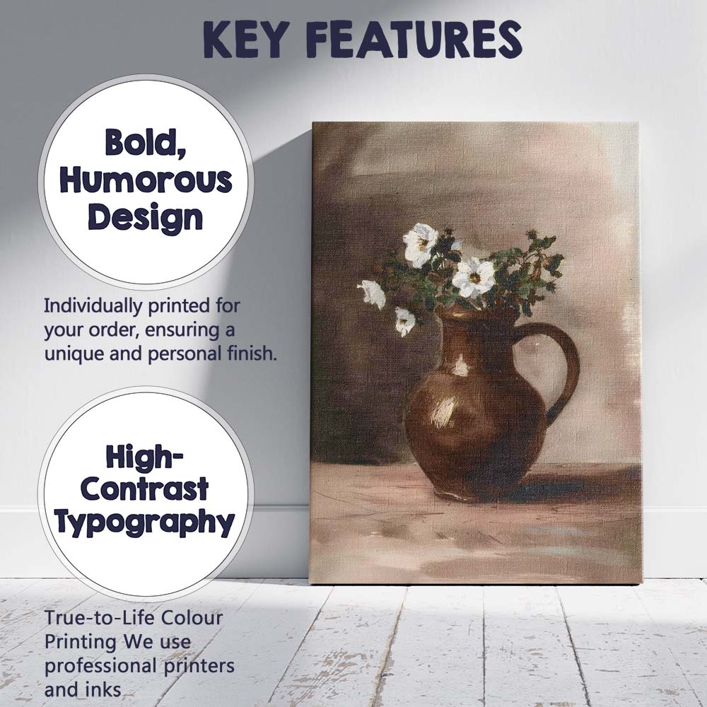 Rustic White Wild Rose Flowers Brown Ceramic Jug Still Life Canvas Wall Art Print Decor Picture Ready to Hang