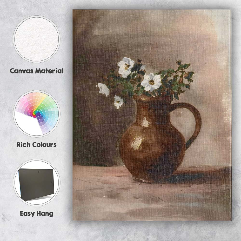 Rustic White Wild Rose Flowers Brown Ceramic Jug Still Life Canvas Wall Art Print Decor Picture Ready to Hang