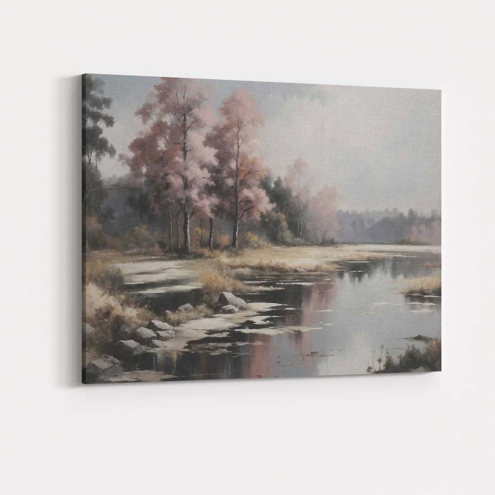 Misty Autumn Lakeside Woodland Reflection Landscape Canvas Wall Art Print Decor Picture Ready to Hang