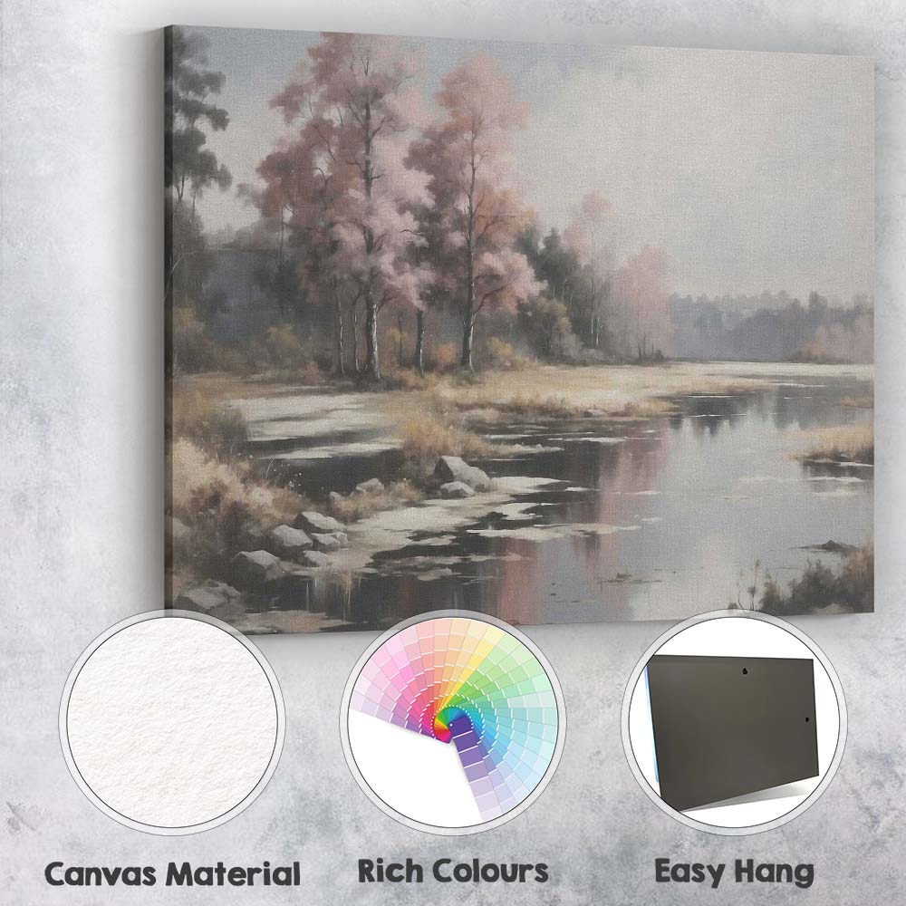 Misty Autumn Lakeside Woodland Reflection Landscape Canvas Wall Art Print Decor Picture Ready to Hang