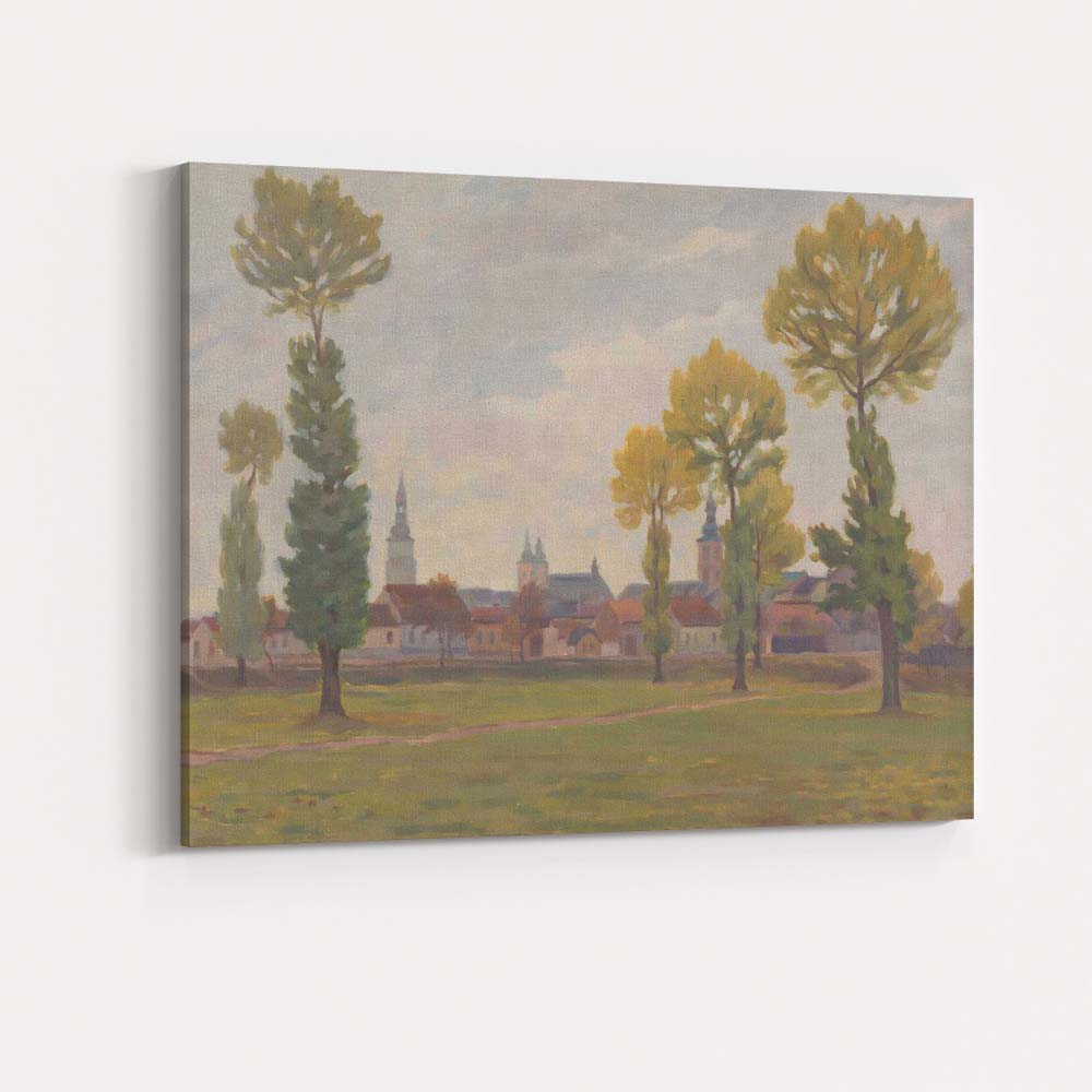 Soft Impressionist Village Skyline Tall Trees Landscape Canvas Wall Art Print Decor Picture Ready to Hang