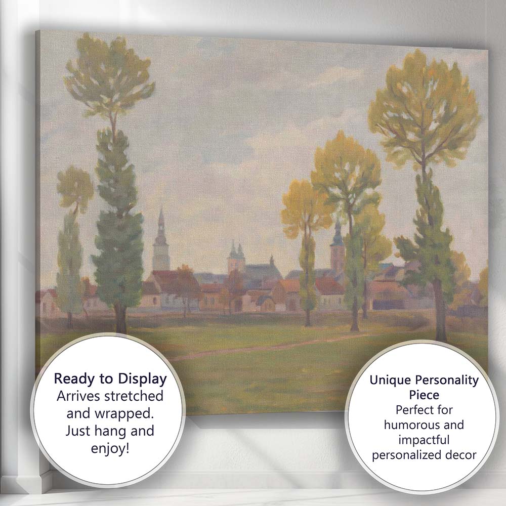 Soft Impressionist Village Skyline Tall Trees Landscape Canvas Wall Art Print Decor Picture Ready to Hang