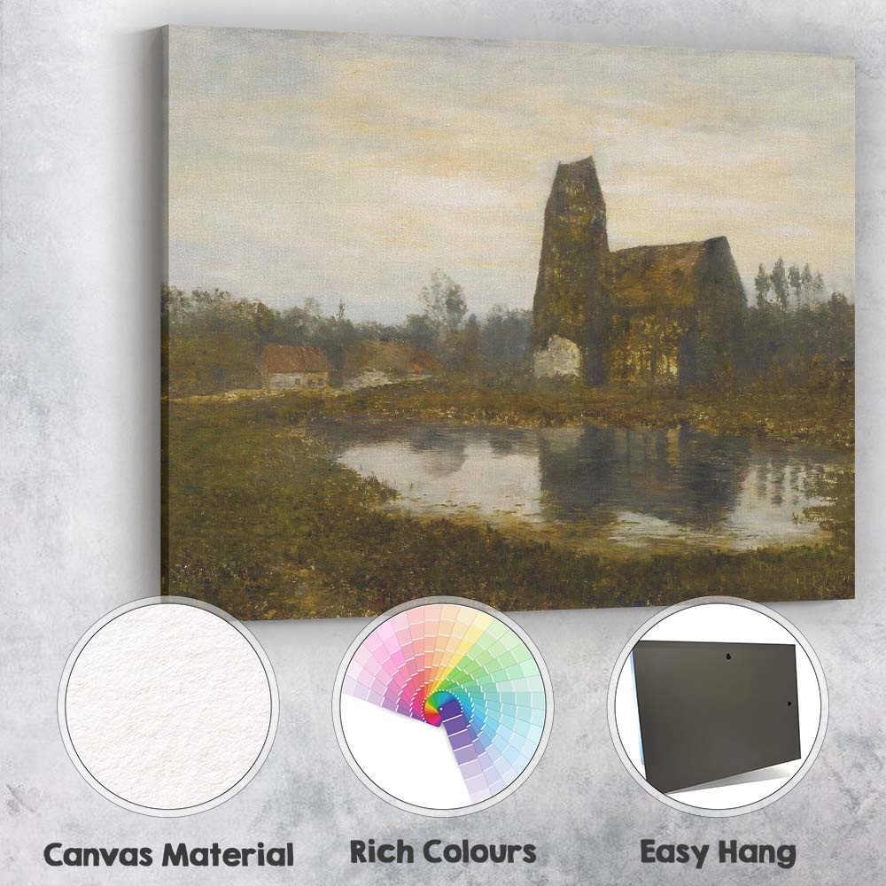 Traditional Rustic Countryside Church Riverside Landscape Oil Painting Canvas Wall Art Print Decor Picture Ready to Hang