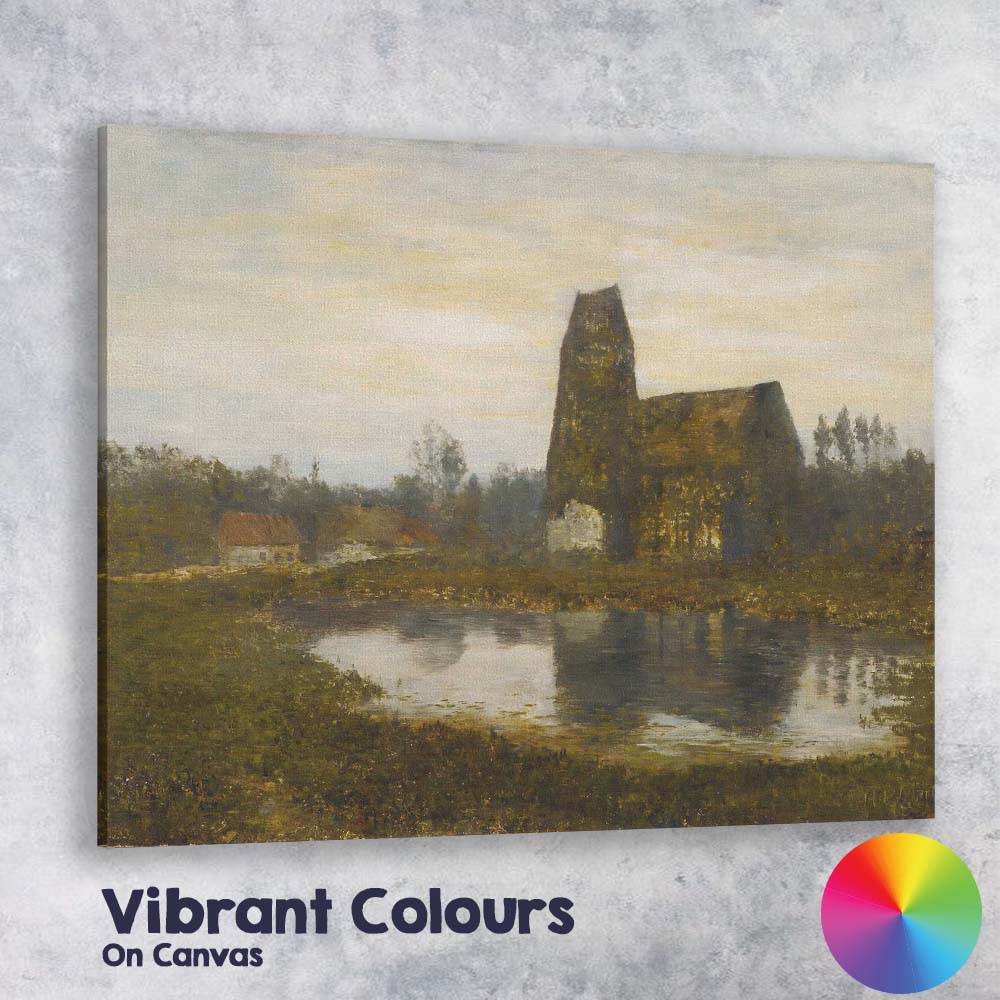 Traditional Rustic Countryside Church Riverside Landscape Oil Painting Canvas Wall Art Print Decor Picture Ready to Hang