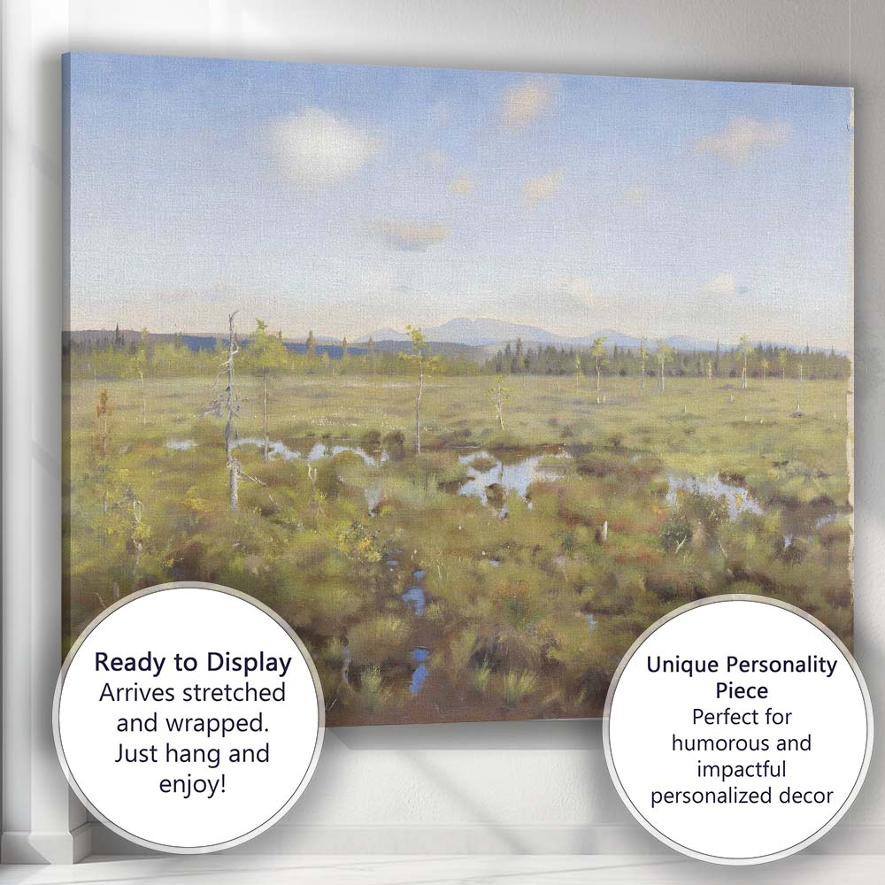 Serene Wetland Marsh Mountain Horizon Landscape Painting Canvas Wall Art Print Decor Picture Ready to Hang