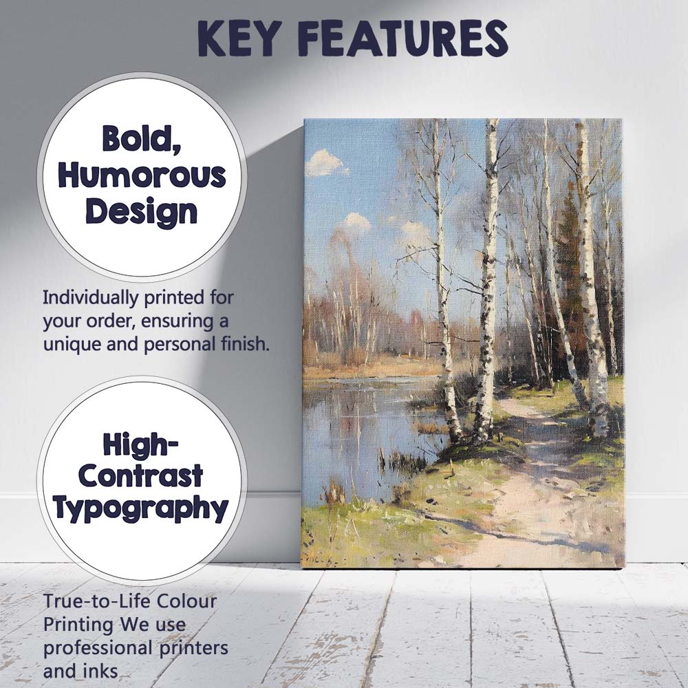 Contemporary Birch Trees Lakeside Woodland Landscape Canvas Wall Art Print Decor Picture Ready to Hang