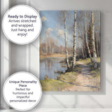 Contemporary Birch Trees Lakeside Woodland Landscape Canvas Wall Art Print Decor Picture Ready to Hang