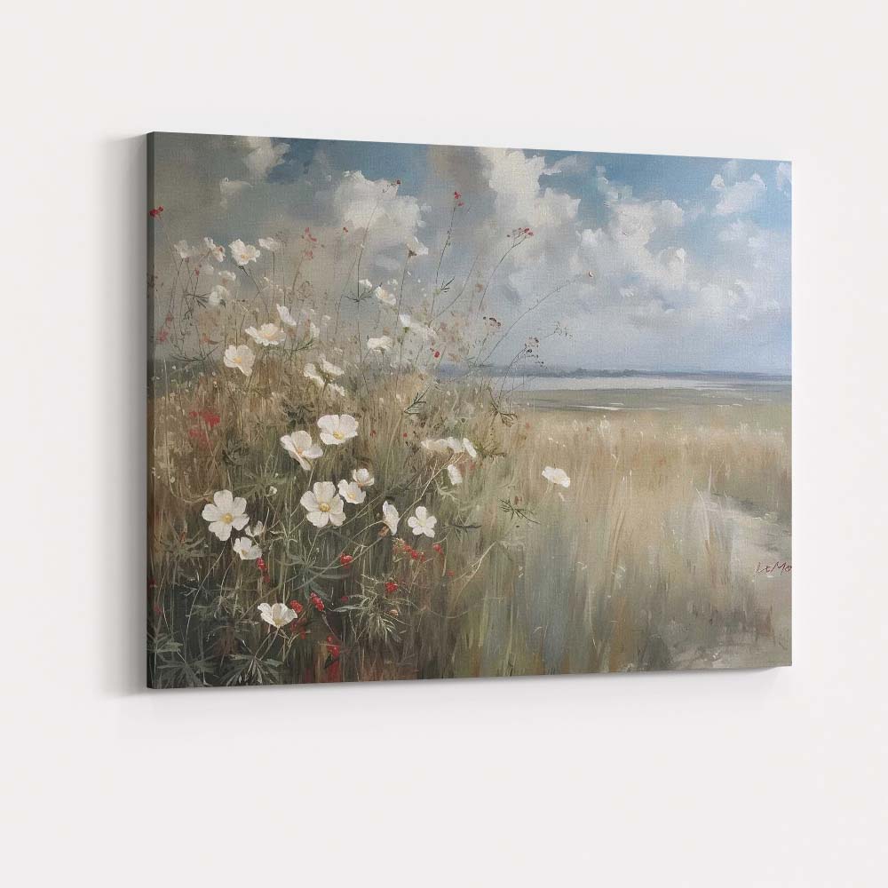 Soft Impressionist White Wildflowers Coastal Meadow Landscape Canvas Wall Art Print Decor Picture Ready to Hang