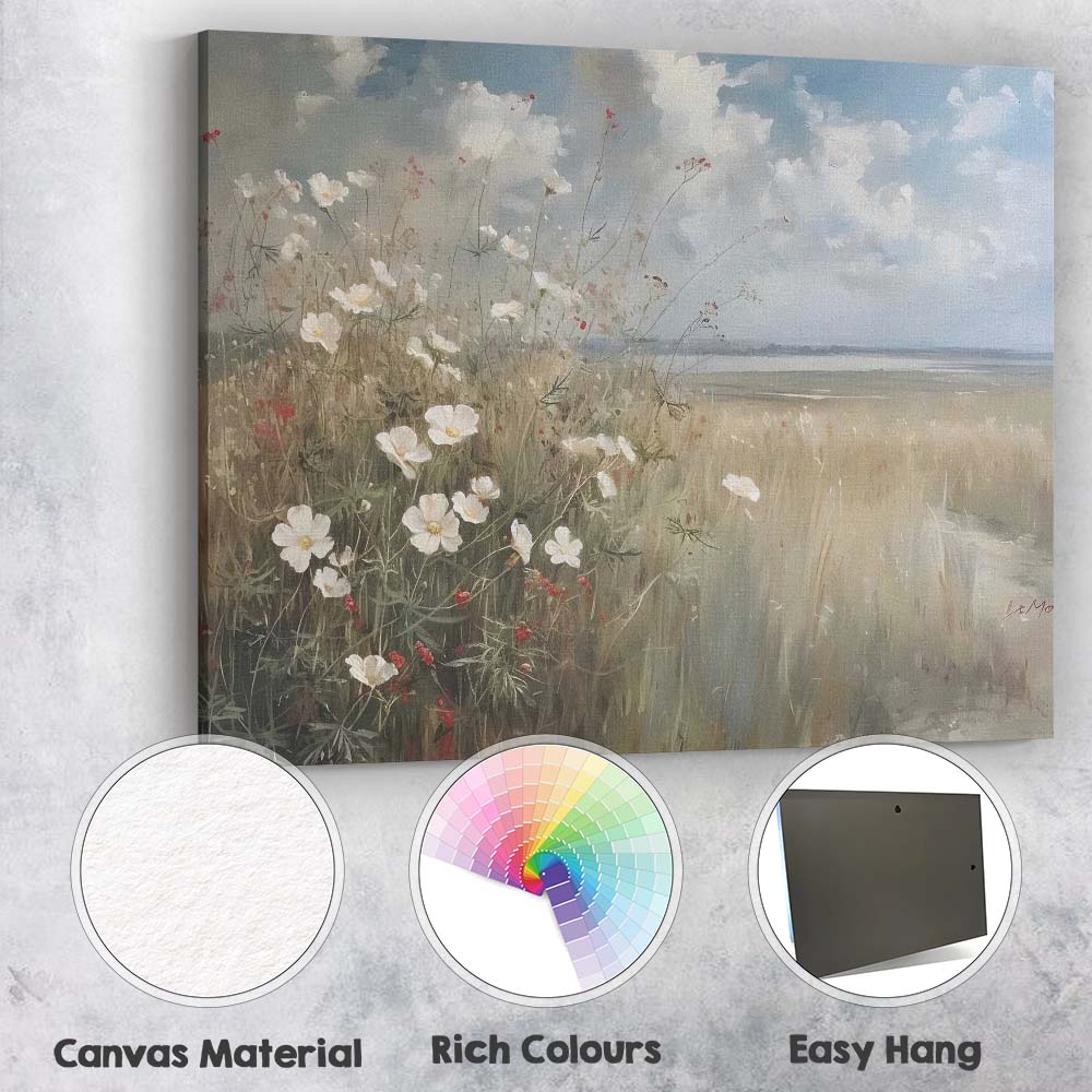 Soft Impressionist White Wildflowers Coastal Meadow Landscape Canvas Wall Art Print Decor Picture Ready to Hang