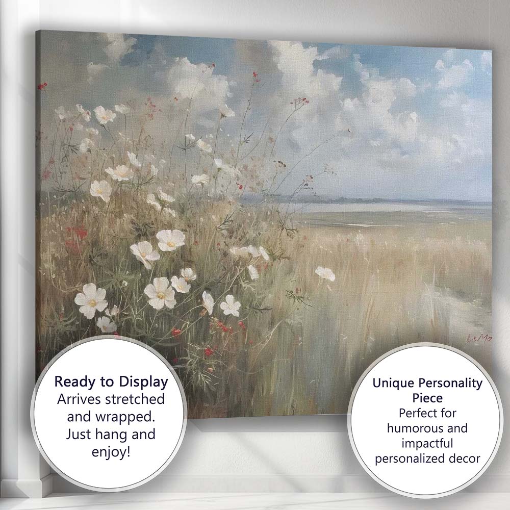 Soft Impressionist White Wildflowers Coastal Meadow Landscape Canvas Wall Art Print Decor Picture Ready to Hang