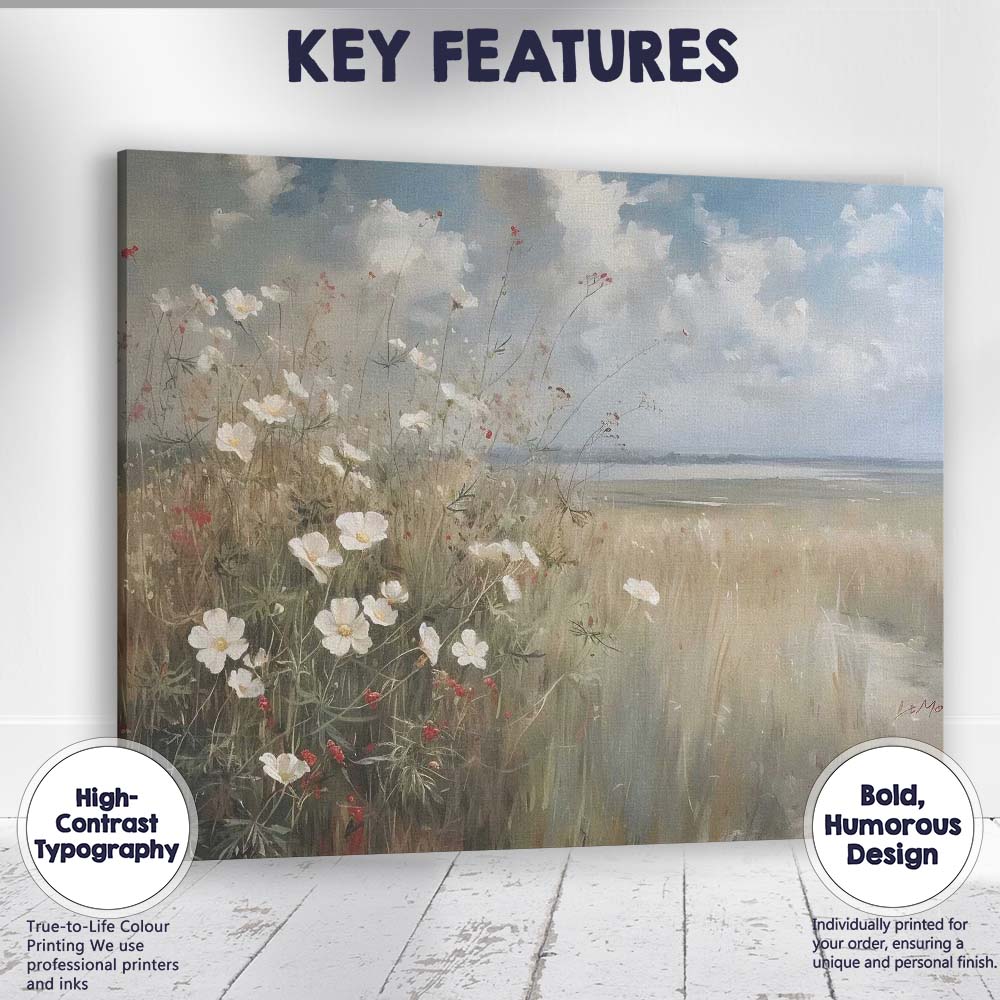 Soft Impressionist White Wildflowers Coastal Meadow Landscape Canvas Wall Art Print Decor Picture Ready to Hang