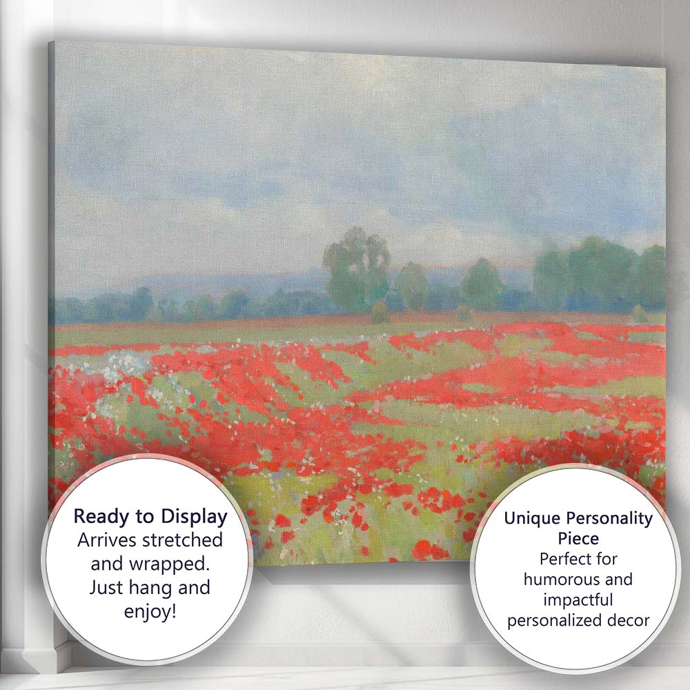 Impressionist Red Poppy Wildflower Meadow Landscape Canvas Wall Art Print Decor Picture Ready to Hang