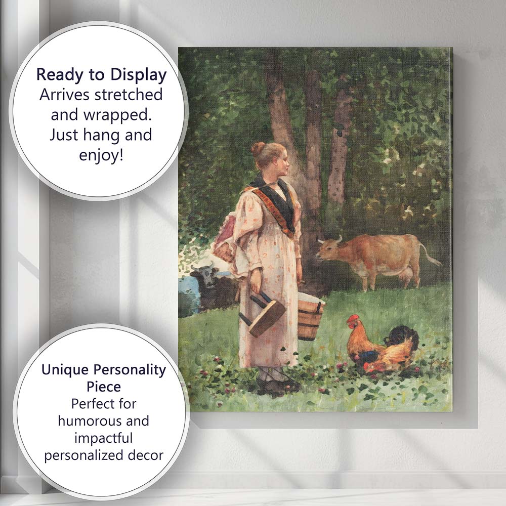 Traditional Rural Farm Woman With Chickens And Cattle Watercolour Canvas Wall Art Print Decor Picture Ready to Hang