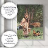 Traditional Rural Farm Woman With Chickens And Cattle Watercolour Canvas Wall Art Print Decor Picture Ready to Hang
