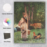 Traditional Rural Farm Woman With Chickens And Cattle Watercolour Canvas Wall Art Print Decor Picture Ready to Hang