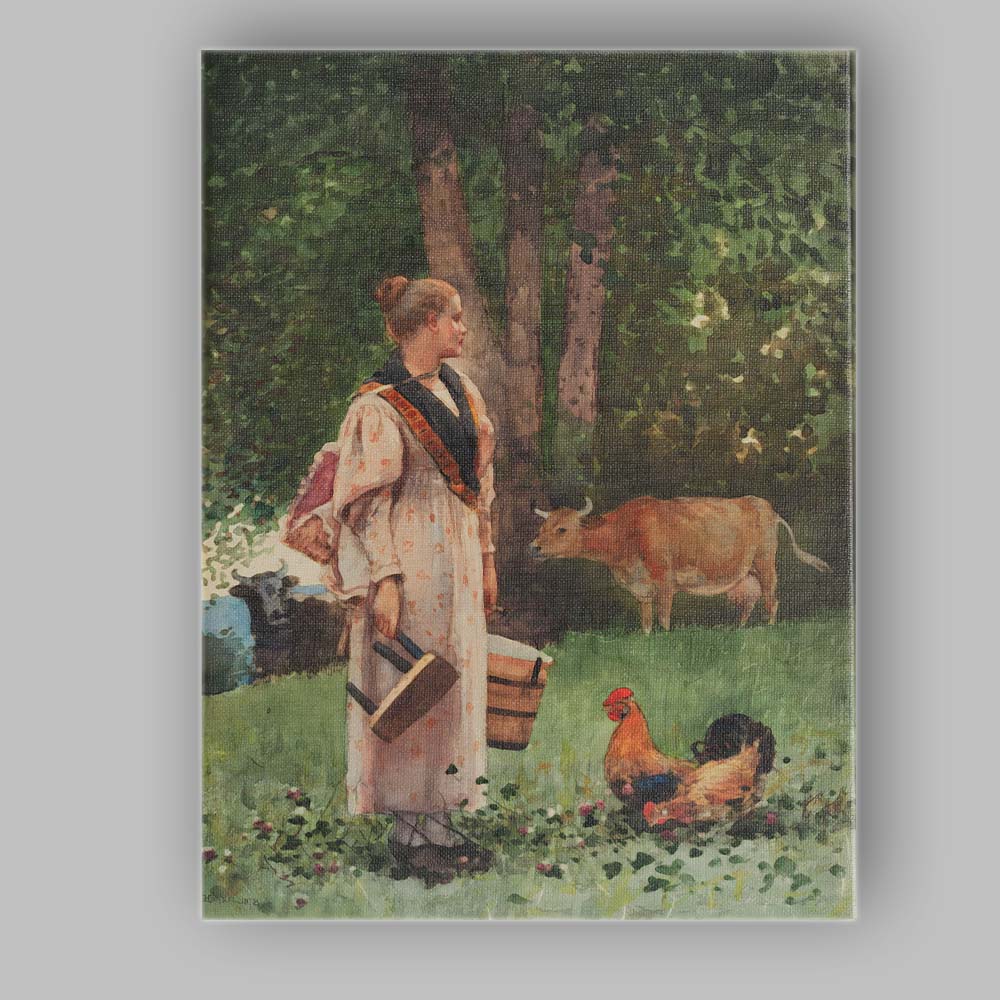 Traditional Rural Farm Woman With Chickens And Cattle Watercolour Canvas Wall Art Print Decor Picture Ready to Hang