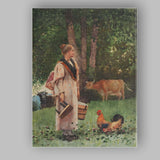Traditional Rural Farm Woman With Chickens And Cattle Watercolour Canvas Wall Art Print Decor Picture Ready to Hang