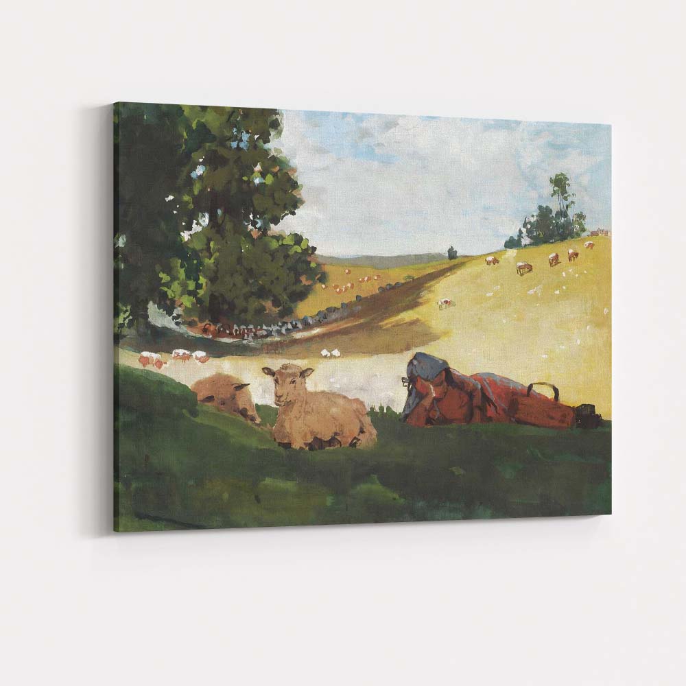 Peaceful Shepherd Resting With Lambs Pastoral Landscape Canvas Wall Art Print Decor Picture Ready to Hang