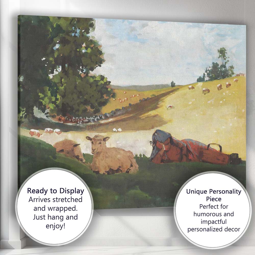 Peaceful Shepherd Resting With Lambs Pastoral Landscape Canvas Wall Art Print Decor Picture Ready to Hang