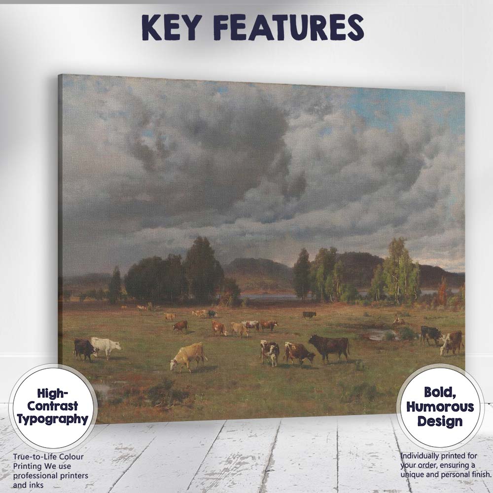 Dramatic Storm Clouds Over Grazing Cattle Landscape Canvas Wall Art Print Decor Picture Ready to Hang