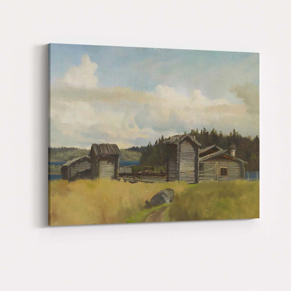 Rustic Lakeside Wooden Cabins Nordic Countryside Landscape Canvas Wall Art Print Decor Picture Ready to Hang