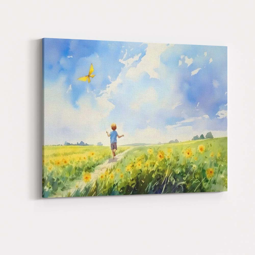 Watercolour Child Flying Yellow Kite In Wildflower Meadow Canvas Wall Art Print Decor Picture Ready to Hang