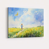 Watercolour Child Flying Yellow Kite In Wildflower Meadow Canvas Wall Art Print Decor Picture Ready to Hang