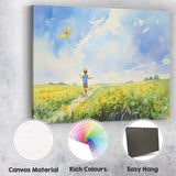 Watercolour Child Flying Yellow Kite In Wildflower Meadow Canvas Wall Art Print Decor Picture Ready to Hang