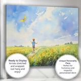 Watercolour Child Flying Yellow Kite In Wildflower Meadow Canvas Wall Art Print Decor Picture Ready to Hang