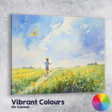 Watercolour Child Flying Yellow Kite In Wildflower Meadow Canvas Wall Art Print Decor Picture Ready to Hang