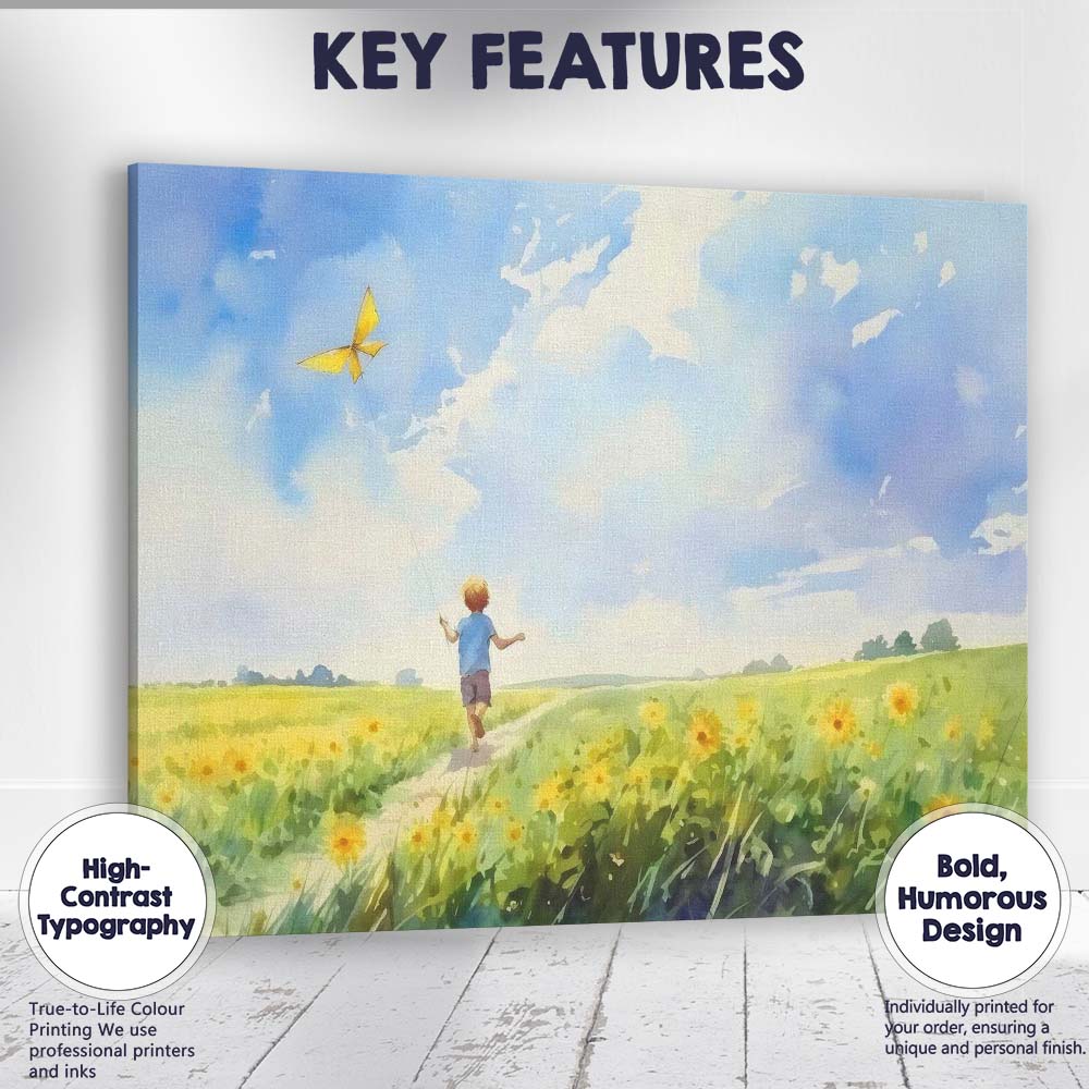 Watercolour Child Flying Yellow Kite In Wildflower Meadow Canvas Wall Art Print Decor Picture Ready to Hang