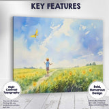Watercolour Child Flying Yellow Kite In Wildflower Meadow Canvas Wall Art Print Decor Picture Ready to Hang