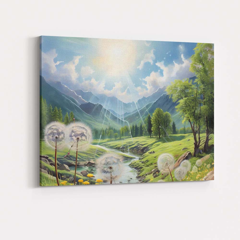 Sunlit Mountain Valley River And Dandelions Landscape Canvas Wall Art Print Decor Picture Ready to Hang