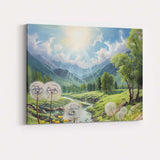 Sunlit Mountain Valley River And Dandelions Landscape Canvas Wall Art Print Decor Picture Ready to Hang