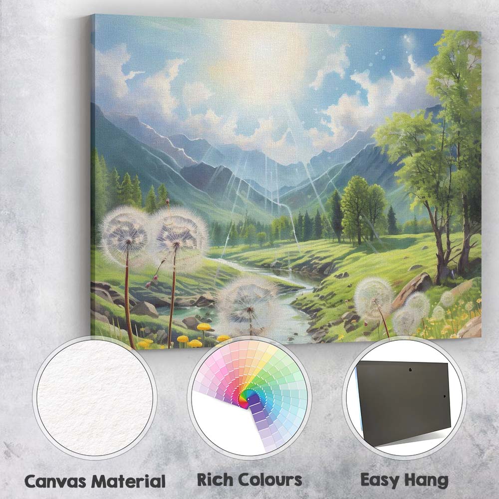 Sunlit Mountain Valley River And Dandelions Landscape Canvas Wall Art Print Decor Picture Ready to Hang