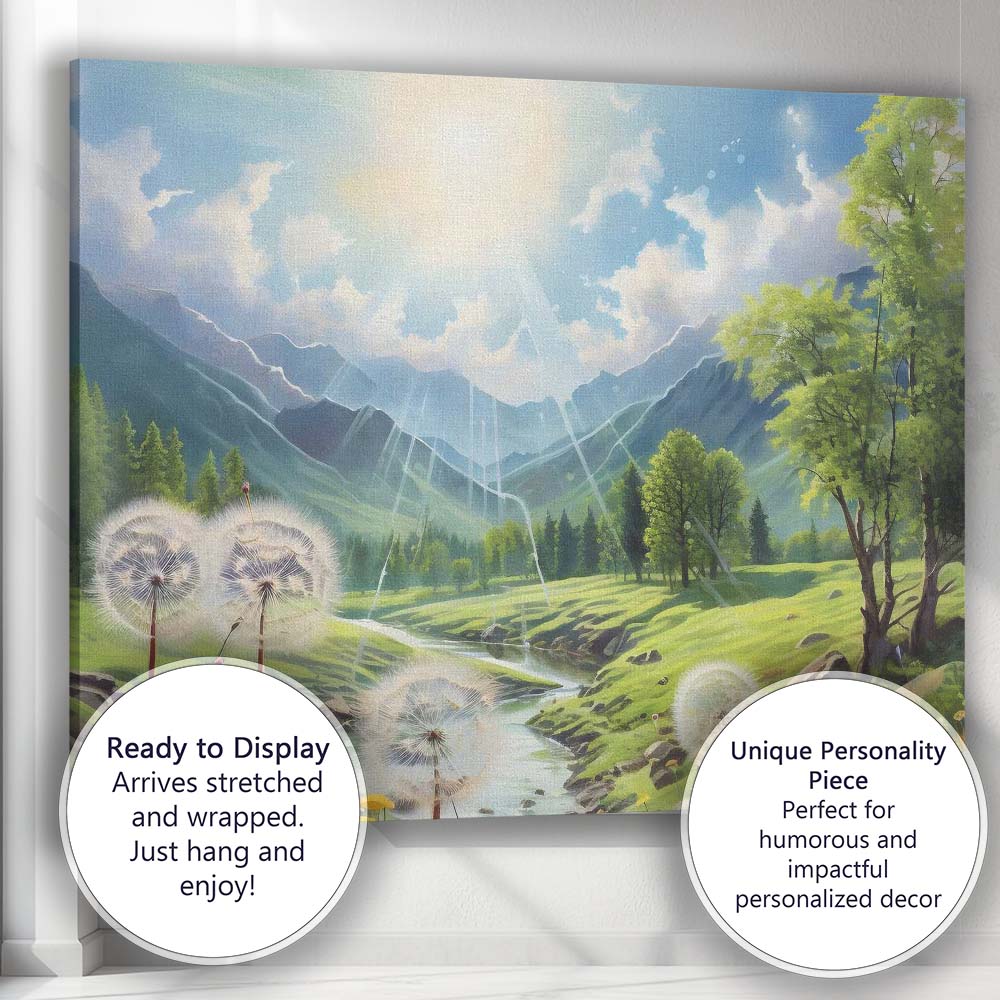 Sunlit Mountain Valley River And Dandelions Landscape Canvas Wall Art Print Decor Picture Ready to Hang