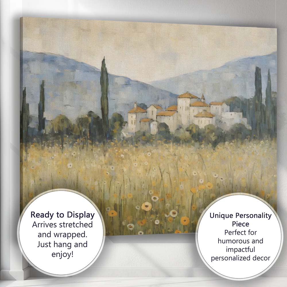 Soft Impressionist Tuscan Village Wildflower Meadow Canvas Wall Art Print Decor Picture Ready to Hang