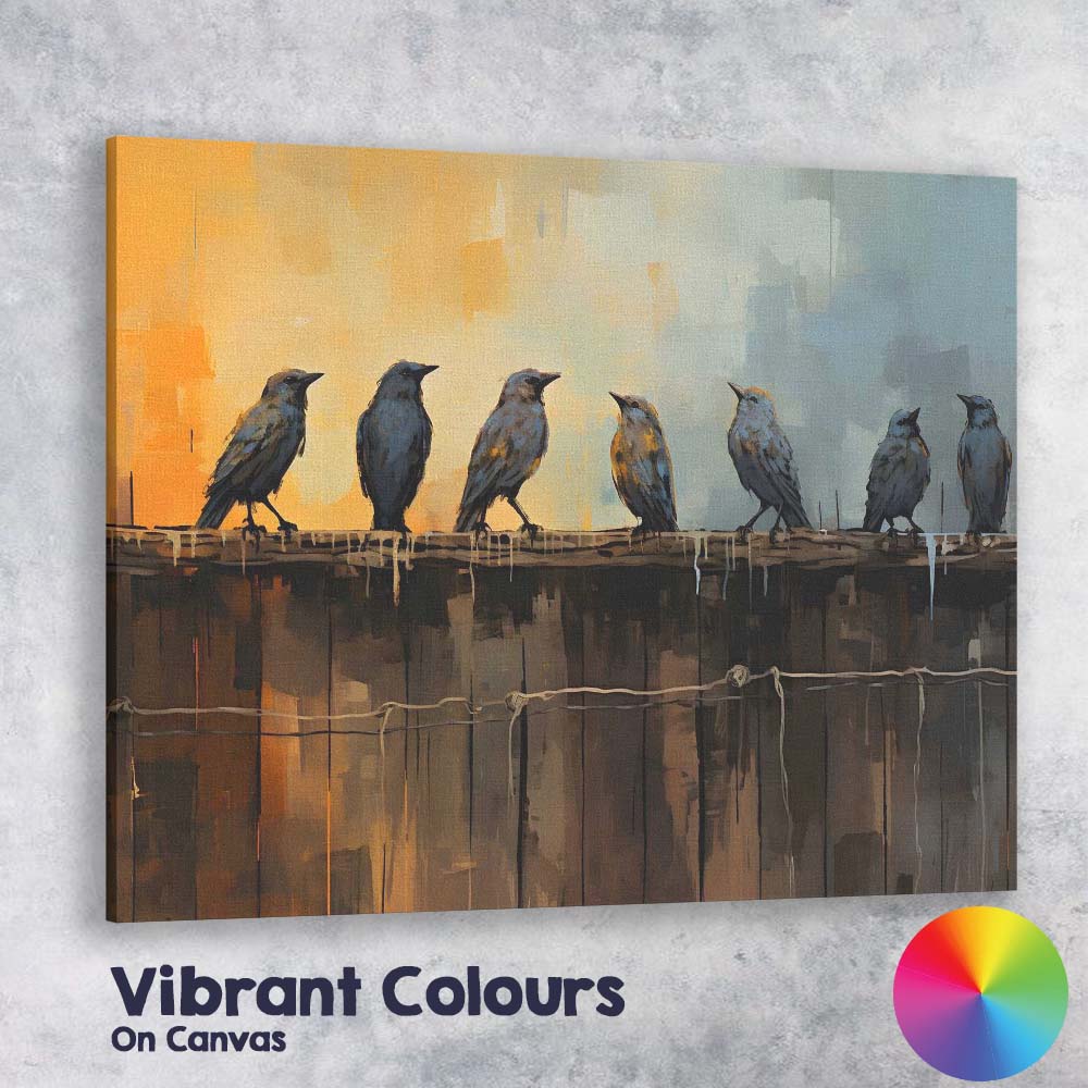 Contemporary Birds Perched On Wooden Fence Abstract Canvas Wall Art Print Decor Picture Ready to Hang