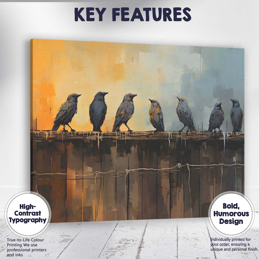 Contemporary Birds Perched On Wooden Fence Abstract Canvas Wall Art Print Decor Picture Ready to Hang