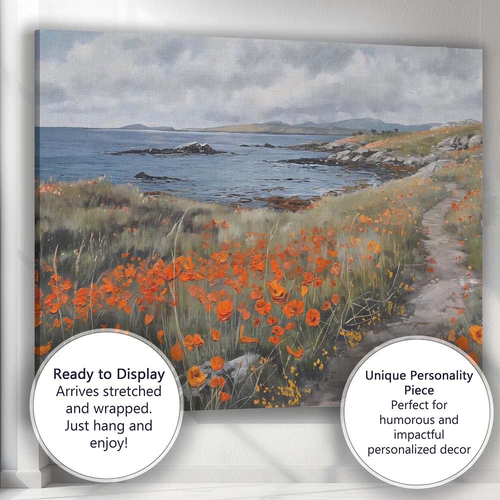 Coastal Poppy Wildflower Path Seaside Landscape Canvas Wall Art Print Decor Picture Ready to Hang
