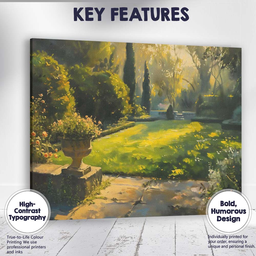 Sunlit Formal Garden Lawn Floral Urn Landscape Canvas Wall Art Print Decor Picture Ready to Hang