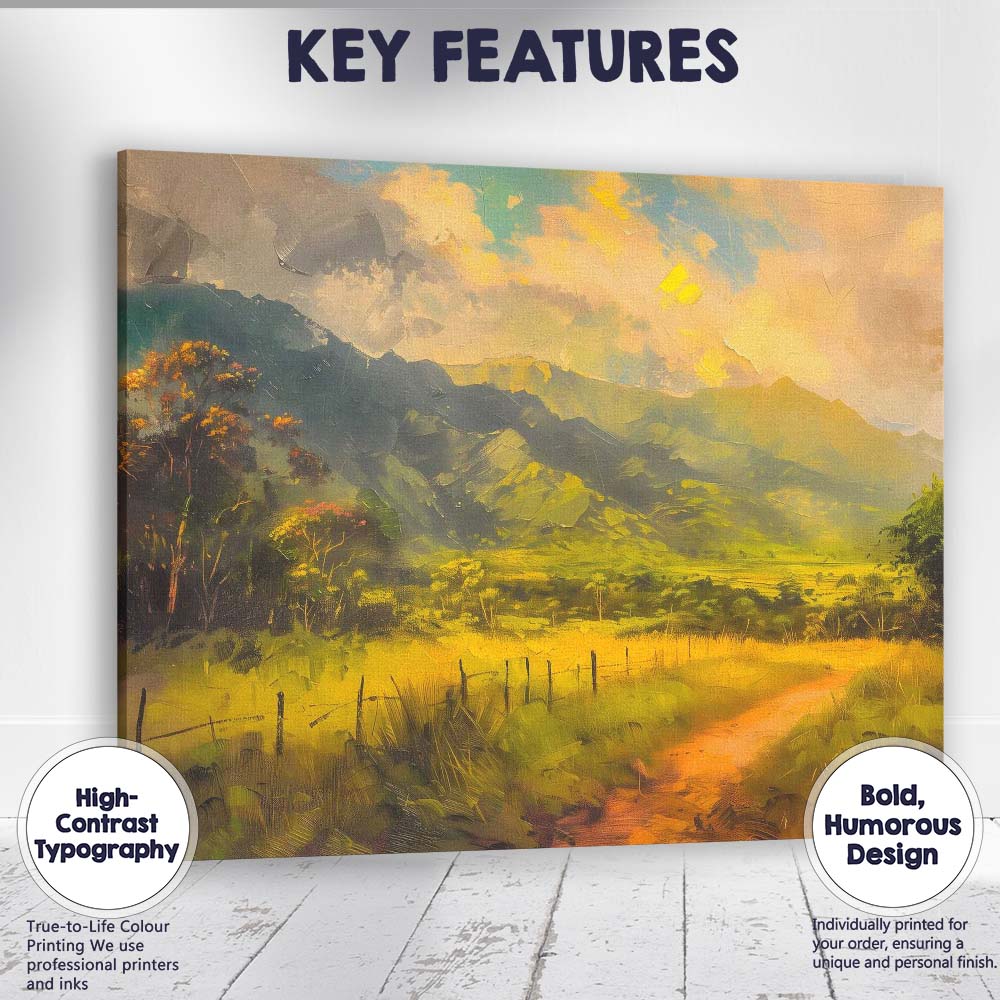 Golden Mountain Valley Scenic Countryside Landscape Canvas Wall Art Print Decor Picture Ready to Hang