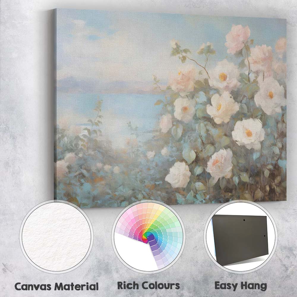 Soft White Rose Coastal Garden Floral Canvas Wall Art Print Decor Picture Ready to Hang