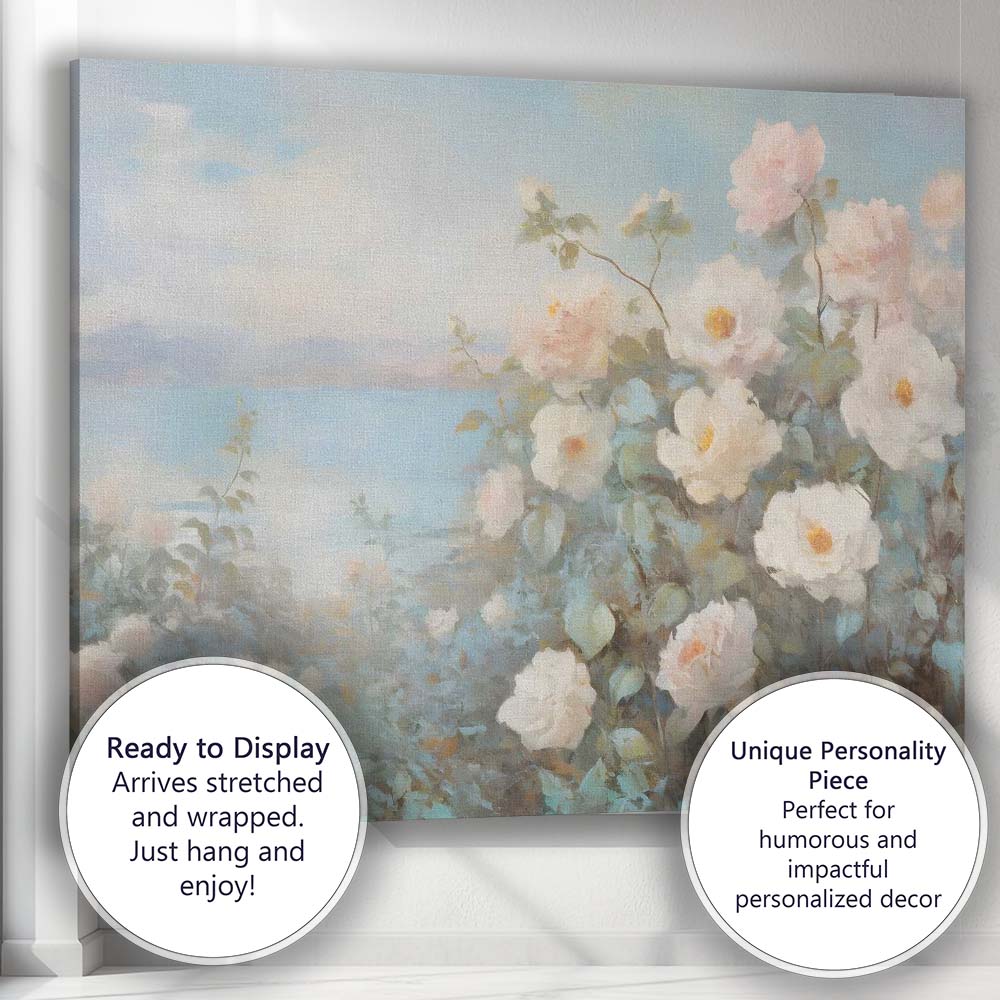 Soft White Rose Coastal Garden Floral Canvas Wall Art Print Decor Picture Ready to Hang